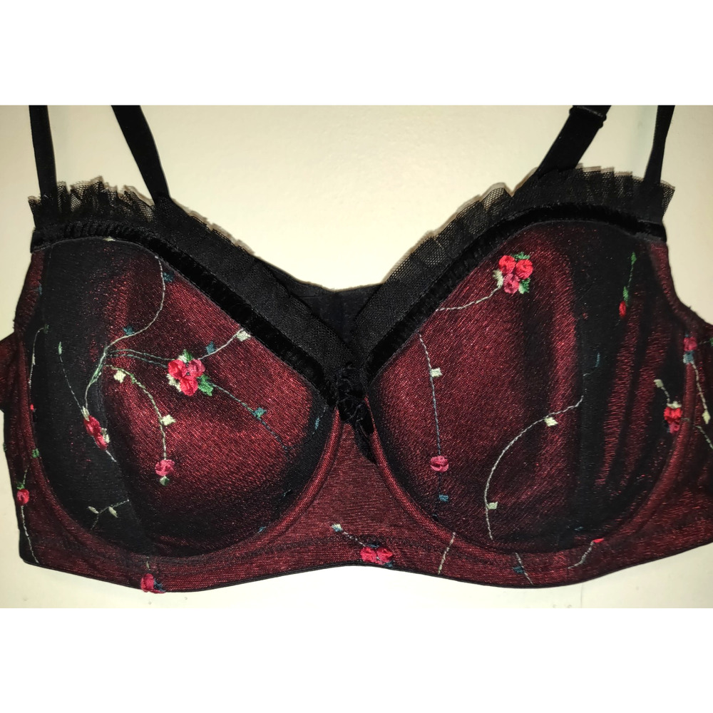Enchanted Bra Sz 40C Black Overlay Embroidered Roses Floral Lace Goth Grunge - Picture 3 of 14